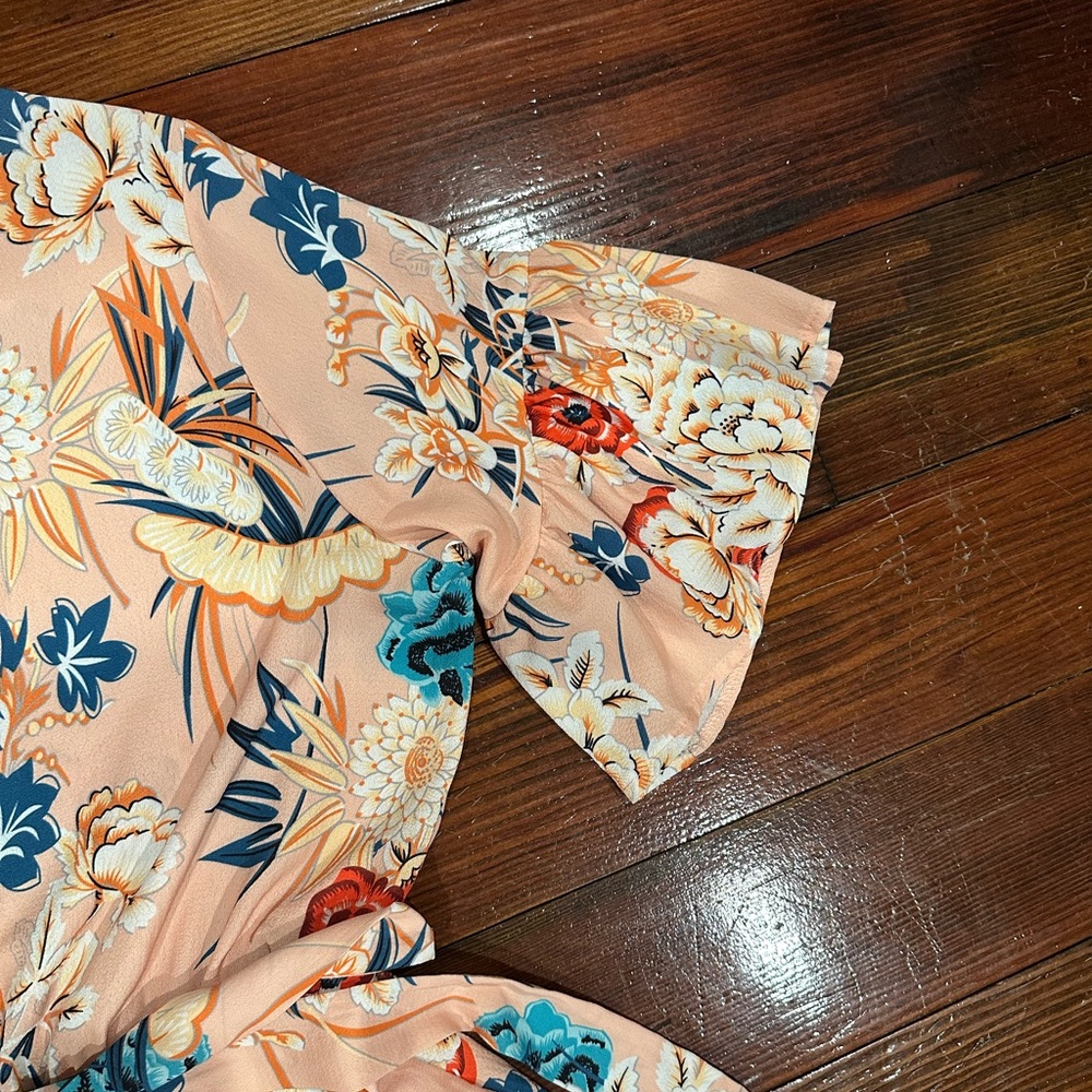 Peach with blue and red flowers Ruffled Tie Front Sundress - Picture 4 of 4